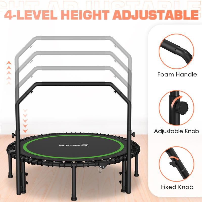 BCAN 450/550 LBS Foldable Mini Trampoline, 40"/48" Fitness Trampoline with Bungees, Adjustable Foam Handle/T-Handle/No Handle, Stable & Quiet Exercise Rebounder for Adults