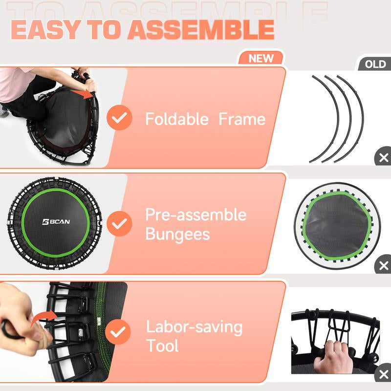 BCAN 450/550 LBS Foldable Mini Trampoline, 40"/48" Fitness Trampoline with Bungees, Adjustable Foam Handle/T-Handle/No Handle, Stable & Quiet Exercise Rebounder for Adults