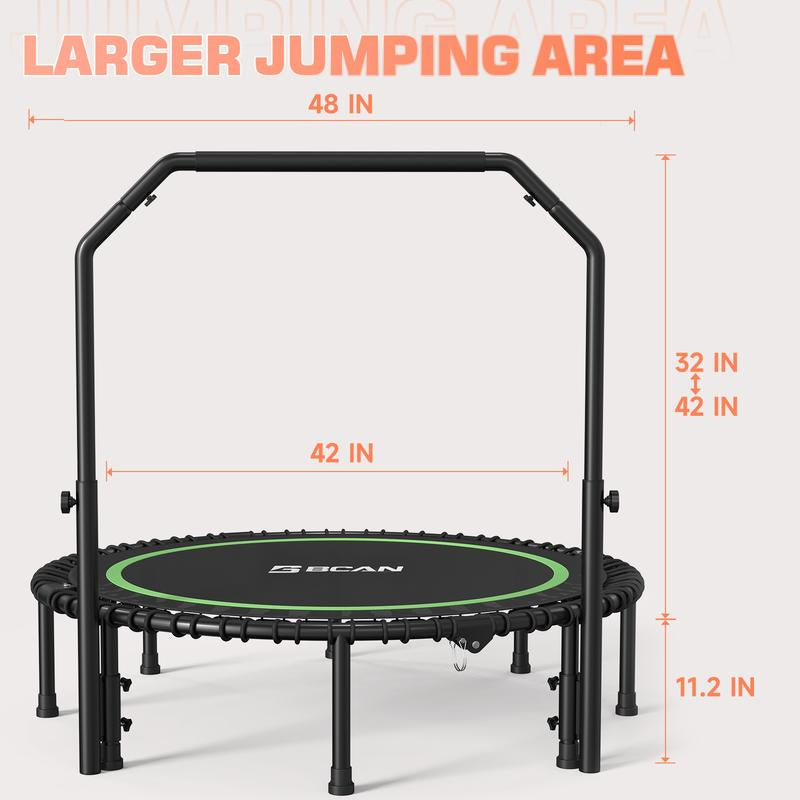BCAN 450/550 LBS Foldable Mini Trampoline, 40"/48" Fitness Trampoline with Bungees, Adjustable Foam Handle/T-Handle/No Handle, Stable & Quiet Exercise Rebounder for Adults